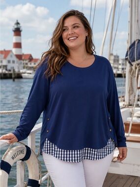Vineyard Vines Navy Long-Sleeve Top with Removable Gingham Hem Size XL